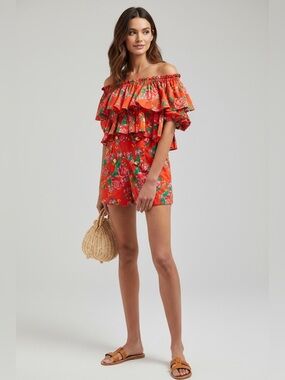 NWT RHODE Reese Floral-Print Cotton Shorts in Coral Size XS